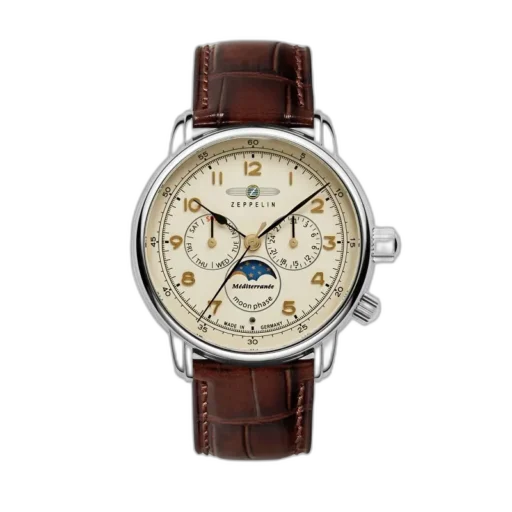 Zegarek męski Zeppelin Mediterranée 9636-5 Quartz z kremową tarczą, funkcją faz księżyca, dni tygodnia i datownikiem, na eleganckim brązowym pasku ze skóry, wyprodukowany w Niemczech.