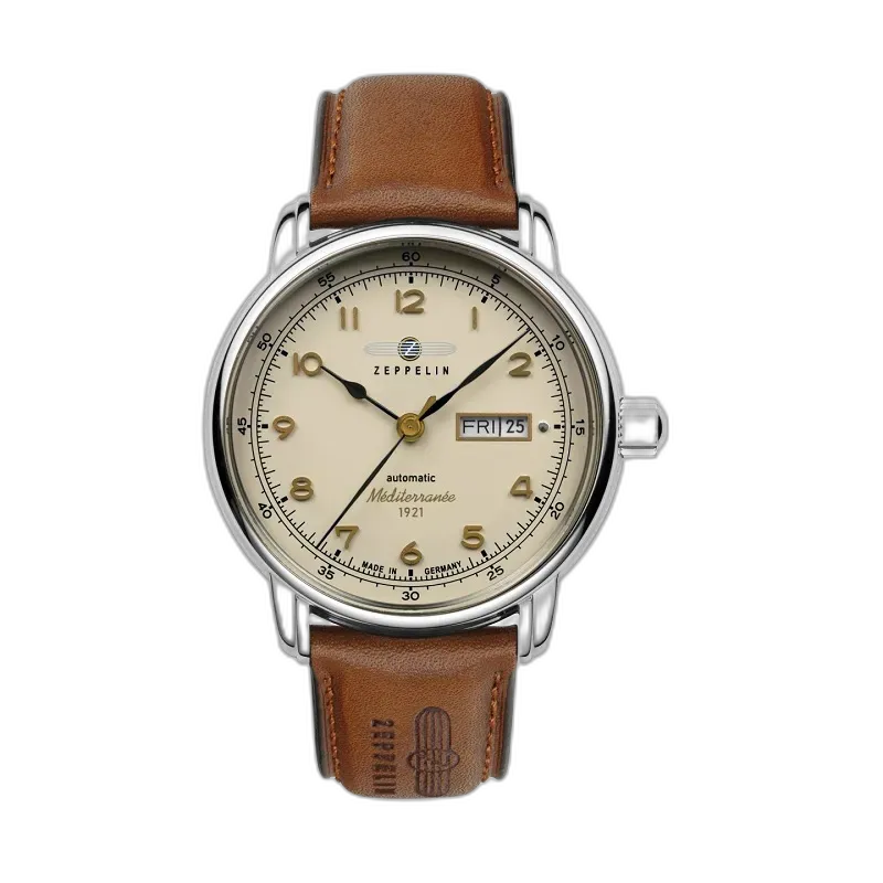 Zegarek męski Zeppelin Mediterranée 9664-5 Automatic z kremową tarczą, brązowym skórzanym paskiem, funkcją daty i dnia tygodnia, elegancki czasomierz w stylu retro, wyprodukowany w Niemczech.