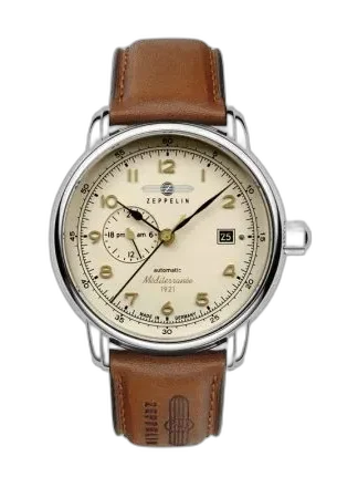 Elegancki zegarek Zeppelin Mediterranee 9668-5 Automatic z brązowym skórzanym paskiem, klasyczną kremową tarczą i precyzyjnym mechanizmem automatycznym, idealny dla miłośników klasycznego stylu.