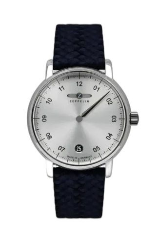 Nowoczesny zegarek Zeppelin New Captain’s Line 8643-4 z minimalistyczną, srebrną tarczą i precyzyjnym datownikiem umieszczonym przy godzinie 6. Cienka stalowa koperta w połączeniu z granatowym paskiem o plecionej fakturze dodaje wyrafinowanego stylu. Idealny dla osób poszukujących elegancji w prostocie oraz wysokiej jakości wykonania w stylu niemieckim.