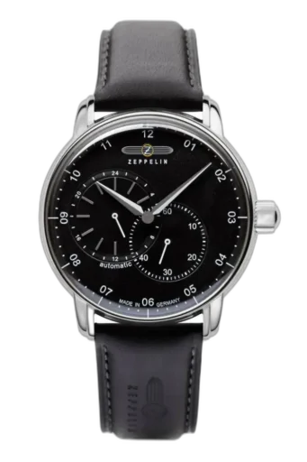 Zegarek Zeppelin New Captain’s Line 8662-2 Automat z czarną tarczą i subtelnym matowym wykończeniem. Wyposażony w mechanizm automatyczny, podwójne sub-tarcze oraz wskaźniki czasu 24-godzinnego i sekund. Elegancka koperta ze stali nierdzewnej oraz czarny skórzany pasek z logo Zeppelin zapewniają klasyczny i nowoczesny wygląd.