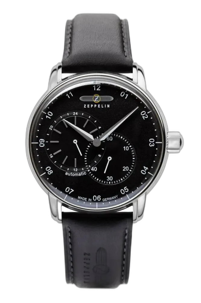 Zegarek Zeppelin New Captain’s Line 8662-2 Automat z czarną tarczą i subtelnym matowym wykończeniem. Wyposażony w mechanizm automatyczny, podwójne sub-tarcze oraz wskaźniki czasu 24-godzinnego i sekund. Elegancka koperta ze stali nierdzewnej oraz czarny skórzany pasek z logo Zeppelin zapewniają klasyczny i nowoczesny wygląd.