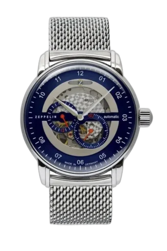 Zegarek Zeppelin New Captain’s Line 8664M-3 z widocznym mechanizmem na granatowej tarczy typu skeleton. Koperta ze stali szlachetnej połączona z elegancką bransoletą mesh. Automatyczny mechanizm i niemiecka precyzja, idealny dla miłośników stylowych dodatków.