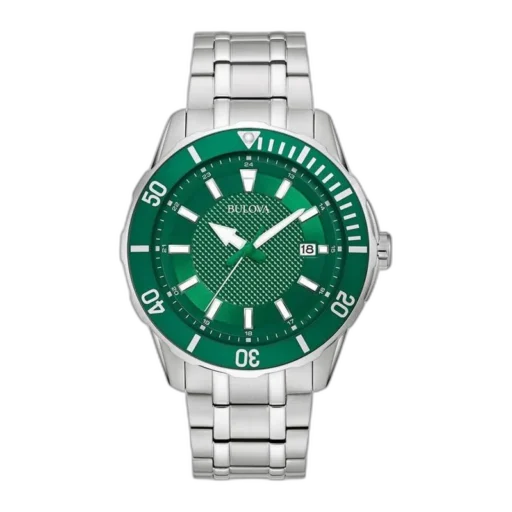 Męski zegarek Bulova 98B359 z zieloną tarczą, stalową kopertą i bransoletą. Elegancki i funkcjonalny, idealny do codziennego noszenia.