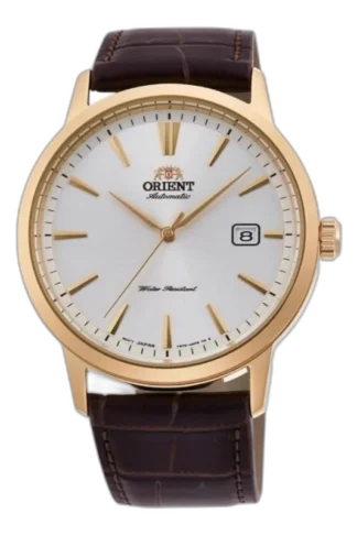 Zegarek męski Orient RA-AC0F04S30B z automatycznym mechanizmem, elegancką tarczą w złotym kolorze i brązowym skórzanym paskiem. Idealny wybór dla osób ceniących styl i jakość.