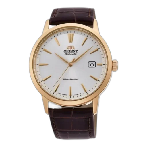 Zegarek męski Orient RA-AC0F04S30B z automatycznym mechanizmem, elegancką tarczą w złotym kolorze i brązowym skórzanym paskiem. Idealny wybór dla osób ceniących styl i jakość.
