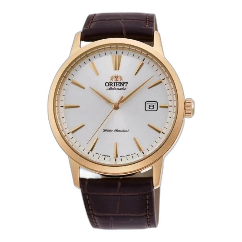 Zegarek męski Orient RA-AC0F04S30B z automatycznym mechanizmem, elegancką tarczą w złotym kolorze i brązowym skórzanym paskiem. Idealny wybór dla osób ceniących styl i jakość.