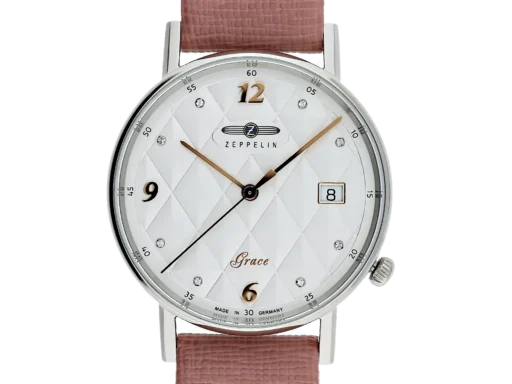 Elegancki zegarek damski Zeppelin Grace Lady 7441-1 z białą tarczą ozdobioną kryształkami, datownikiem i różowym skórzanym paskiem. Luksus i styl w niemieckim wydaniu.