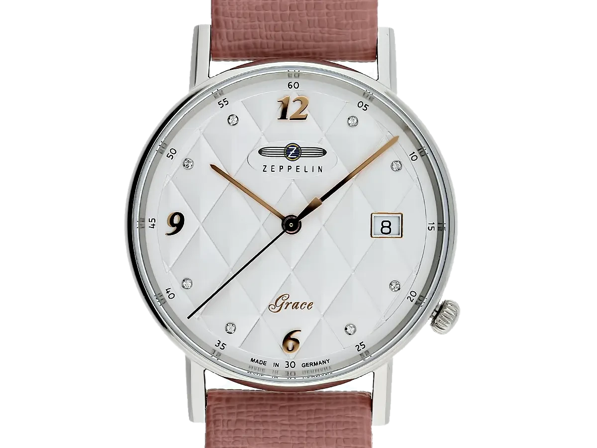Elegancki zegarek damski Zeppelin Grace Lady 7441-1 z białą tarczą ozdobioną kryształkami, datownikiem i różowym skórzanym paskiem. Luksus i styl w niemieckim wydaniu.