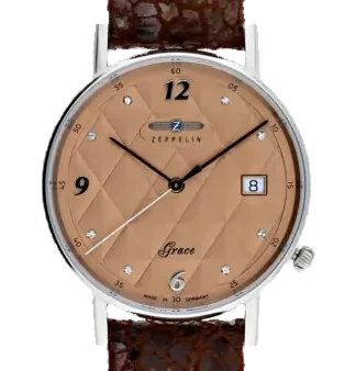 Stylowy zegarek damski Zeppelin Grace Lady 7441-5 z elegancką brązową tarczą ozdobioną kryształkami i skórzanym paskiem w fakturze. Idealny na co dzień i wyjątkowe okazje.