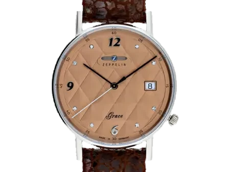 Stylowy zegarek damski Zeppelin Grace Lady 7441-5 z elegancką brązową tarczą ozdobioną kryształkami i skórzanym paskiem w fakturze. Idealny na co dzień i wyjątkowe okazje.