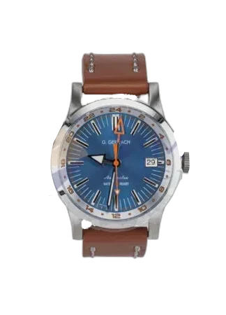 Zegarek męski G. Gerlach Navigator MK 3 GMT z niebieską tarczą o dynamicznym, sportowym designie. Wyraziste, pomarańczowe akcenty na wskazówkach oraz indeksach godzinowych nadają mu nowoczesnego charakteru i poprawiają czytelność. Na godzinie 3 znajduje się okienko datownika. Tarcza otoczona jest obrotowym pierścieniem z oznaczeniami 24-godzinnymi, co podkreśla funkcję GMT, idealną dla podróżników i osób zarządzających czasem w różnych strefach czasowych. Koperta ze stali nierdzewnej o srebrnym wykończeniu komponuje się z brązowym skórzanym paskiem, dodając zegarkowi stylu retro w nowoczesnym wydaniu.