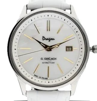 egarek męski G. Gerlach Dragon z elegancką białą tarczą, ozdobioną złotymi indeksami i smukłymi wskazówkami, które dodają mu luksusowego charakteru. Na tarczy znajduje się logo „Dragon” podkreślające wyjątkowość modelu. Datownik umieszczony na godzinie trzeciej dodaje praktyczności. Stalowa koperta o klasycznym kształcie harmonizuje z białym, skórzanym paskiem, tworząc spójną i wyrafinowaną całość. Automatyczny mechanizm zapewnia precyzję oraz niezawodność. Idealny dla mężczyzn ceniących klasykę połączoną z nowoczesnym stylem i elegancją.