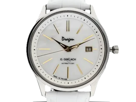 egarek męski G. Gerlach Dragon z elegancką białą tarczą, ozdobioną złotymi indeksami i smukłymi wskazówkami, które dodają mu luksusowego charakteru. Na tarczy znajduje się logo „Dragon” podkreślające wyjątkowość modelu. Datownik umieszczony na godzinie trzeciej dodaje praktyczności. Stalowa koperta o klasycznym kształcie harmonizuje z białym, skórzanym paskiem, tworząc spójną i wyrafinowaną całość. Automatyczny mechanizm zapewnia precyzję oraz niezawodność. Idealny dla mężczyzn ceniących klasykę połączoną z nowoczesnym stylem i elegancją.