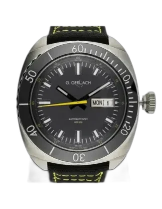 Zegarek G. Gerlach Enigma II z elegancką czarną tarczą o matowym wykończeniu, która nadaje mu nowoczesny i wyrafinowany wygląd. Srebrne indeksy oraz precyzyjnie wykonane wskazówki kontrastują z ciemnym tłem, co zapewnia doskonałą czytelność. Żółty sekundnik dodaje sportowego akcentu, a datownik z dniem tygodnia i datą na godzinie trzeciej zwiększa funkcjonalność zegarka. Solidna stalowa koperta o okrągłym kształcie łączy się z czarnym paskiem ozdobionym żółtym przeszyciem, co nadaje całości dynamicznego wyglądu. Automatyczny mechanizm zapewnia precyzyjne odmierzanie czasu. Idealny wybór dla miłośników elegancji połączonej z nowoczesnym designem.