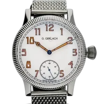 Zegarek G. Gerlach PM 36-1 z elegancką, białą tarczą ozdobioną wyrazistymi, złoto-brązowymi cyframi arabskimi w stylu vintage, co nadaje mu klasycznego charakteru. Niebieska wskazówka sekundnika umieszczona w małej tarczy na godzinie 6 dodaje zegarkowi subtelnej elegancji. Smukłe, złote wskazówki godzinowa i minutowa idealnie współgrają z kolorystyką cyfr, podkreślając harmonijny design. Koperta ze stali nierdzewnej z charakterystycznym żłobieniem na krawędzi nadaje zegarkowi wyjątkowego wyglądu. Srebrna bransoleta typu mesh dodaje nowoczesnego akcentu, jednocześnie zachowując klasyczny styl. Duża, karbowana koronka nawiązuje do tradycyjnych zegarków kieszonkowych, ułatwiając wygodną regulację czasu.