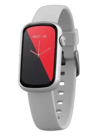 Nowoczesny smartwatch Garett Action w srebrnym kolorze, wyposażony w prostokątny ekran dotykowy z zaokrąglonymi krawędziami oraz silikonowy pasek. Elegancki design łączy funkcjonalność z codziennym stylem, idealny do monitorowania aktywności i powiadomień.