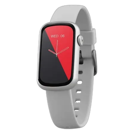 Nowoczesny smartwatch Garett Action w srebrnym kolorze, wyposażony w prostokątny ekran dotykowy z zaokrąglonymi krawędziami oraz silikonowy pasek. Elegancki design łączy funkcjonalność z codziennym stylem, idealny do monitorowania aktywności i powiadomień.