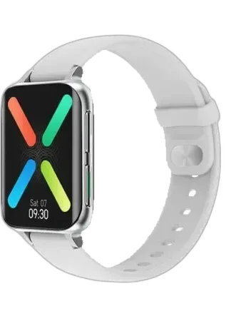 Nowoczesny smartwatch Garett BeFit Sport RT w srebrnym kolorze z prostokątnym wyświetlaczem i białym silikonowym paskiem. Wyposażony w funkcje monitorowania aktywności fizycznej, powiadomienia i wielokolorowy motyw ekranu. Idealny do codziennego użytkowania i sportu.