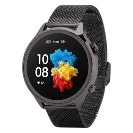 Stylowy smartwatch Garett Bonita w czarnym kolorze z metalowym paskiem typu mesh. Okrągły wyświetlacz z kolorowym motywem i funkcjami monitorowania zdrowia oraz aktywności fizycznej. Idealny zarówno na co dzień, jak i na formalne okazje.