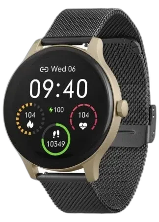 Stylowy smartwatch Garett Classy w połączeniu złotego koperty i czarnego stalowego paska. Wyposażony w okrągły wyświetlacz oferujący funkcje monitorowania zdrowia, aktywności oraz powiadomienia. Idealny zarówno na co dzień, jak i na specjalne okazje.