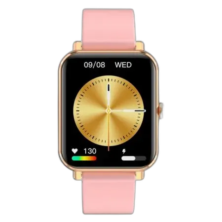 Elegancki smartwatch Garett GRC Classic Gold z różowym silikonowym paskiem. Złota obudowa i klasyczny wyświetlacz wskazówkowy z funkcjami monitorowania tętna i aktywności fizycznej. Idealny dla osób ceniących styl i nowoczesność.