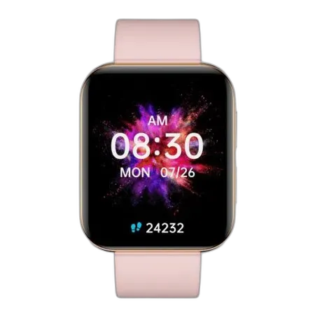 Smartwatch Garett GRC Maxx w eleganckim złotym kolorze z różowym silikonowym paskiem. Wyposażony w prostokątny wyświetlacz dotykowy, pokazujący godzinę, datę oraz liczbę wykonanych kroków. Idealne połączenie nowoczesnej technologii z subtelnym designem.