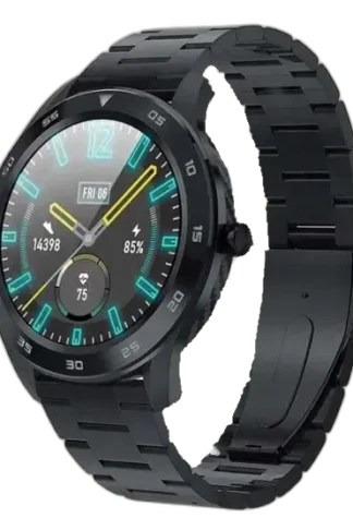 Smartwatch Garett GT22S z czarną stalową bransoletą i okrągłą kopertą. Wyświetlacz dotykowy pokazuje cyfrowy zegar, poziom naładowania baterii i liczbę kroków. Nowoczesny design i solidne wykonanie, idealne dla miłośników stylowej technologii.
