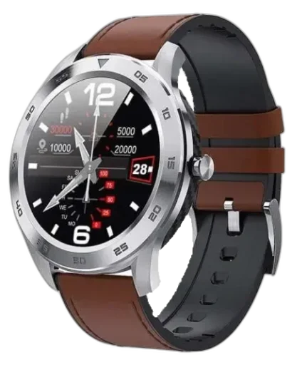 Smartwatch Garett GT22S z eleganckim jasnobrązowym skórzanym paskiem i stalową kopertą. Wyposażony w okrągły dotykowy ekran wyświetlający cyfrowy zegar i statystyki aktywności. Stylowe urządzenie, idealne dla osób ceniących funkcjonalność połączoną z klasycznym designem.