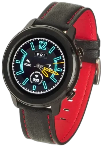 Smartwatch Garett Master RT w eleganckim czarno-czerwonym wydaniu. Z okrągłym wyświetlaczem i skórzanym paskiem z czerwonym podszyciem, podkreślającym sportowo-elegancki charakter. Urządzenie pokazuje dane takie jak kroki, puls i powiadomienia, oferując nowoczesne funkcje w stylowej oprawie. Idealny na każdą okazję.