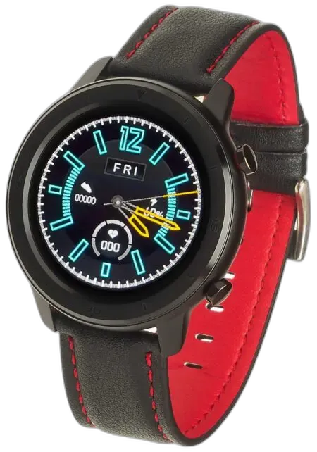 Smartwatch Garett Master RT w eleganckim czarno-czerwonym wydaniu. Z okrągłym wyświetlaczem i skórzanym paskiem z czerwonym podszyciem, podkreślającym sportowo-elegancki charakter. Urządzenie pokazuje dane takie jak kroki, puls i powiadomienia, oferując nowoczesne funkcje w stylowej oprawie. Idealny na każdą okazję.