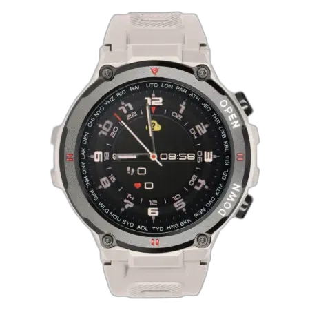 Smartwatch Garett Sport Combat RT w eleganckim beżowym kolorze, z wytrzymałą konstrukcją i czytelnym wyświetlaczem. Wyposażony w GPS, monitor aktywności, tryby sportowe oraz możliwość odbierania powiadomień ze smartfona. Idealny do codziennego użytku i aktywnego stylu życia.