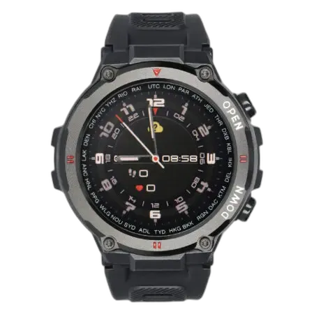 Smartwatch Garett Sport Combat RT w czarnym kolorze, z solidną obudową i eleganckim wyświetlaczem. Wyposażony w funkcje GPS, monitorowanie aktywności, tryby sportowe oraz powiadomienia ze smartfona. Idealny wybór dla aktywnych użytkowników szukających wytrzymałego zegarka.
