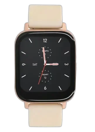 Smartwatch Garett Sport Mode Pro RT w eleganckim złotym wykończeniu z jasnym paskiem. Stylowy dotykowy ekran prezentuje klasyczny motyw zegara analogowego, wraz z informacjami o krokach, tętnie i dniu tygodnia. Idealny dla osób ceniących funkcjonalność i nowoczesny design.