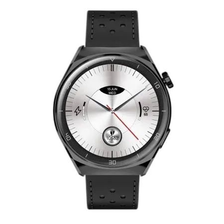 Stylowy smartwatch Garett V12 z czarnym skórzanym paskiem i elegancką tarczą w kolorze srebrnym. Wyposażony w funkcje monitorowania aktywności, tętna oraz wyświetlający czas i datę. Idealny wybór dla osób ceniących nowoczesny design i funkcjonalność.