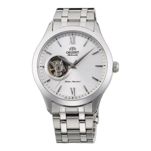 Zegarek Orient model FAG03001W0 z klasycznym designem, stalową kopertą i srebrną tarczą. Otwarty mechanizm (open heart) na tarczy pozwala zobaczyć precyzyjne działanie automatycznego mechanizmu. Stalowa bransoleta dodaje elegancji i trwałości. Idealny wybór dla osób ceniących wyrafinowany styl i japońską jakość zegarmistrzowską.
