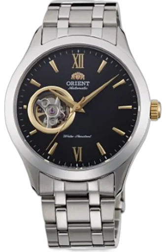 Zegarek Orient model FAG03002B0 z elegancką kopertą ze stali nierdzewnej i czarną tarczą. Złote detale w postaci wskazówek i indeksów dodają klasy, a otwarte serce na tarczy odsłania fragment mechanizmu automatycznego. Wyposażony w stalową bransoletę o polerowanym wykończeniu. Idealny wybór dla miłośników klasycznego stylu i precyzji zegarmistrzowskiej.